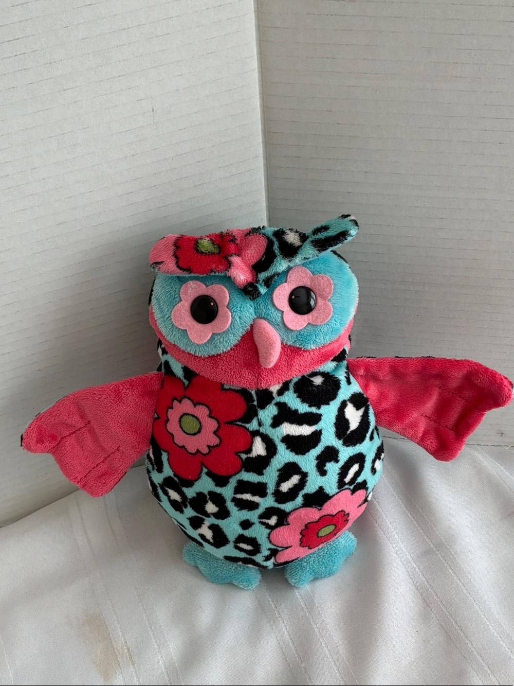 Floral Leopard Pattern Owl Plush Toy - Pink & Teal